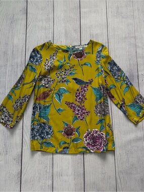 Boden Women's Yellow Silk Blend Floral Bird Print Top Size 6